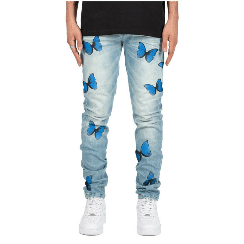 Новинка 2023, мужские джинсы, индивидуальные стильные облегающие брюки с принтом бабочки