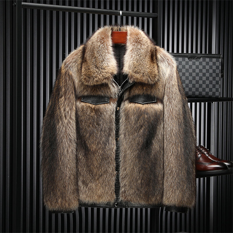 Luhayesa 2022 homens de luxo guaxinim pele do cão casaco inverno casacos de pele real casual moda masculina roupas de pele macia