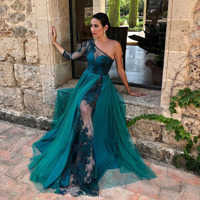 Gaun malam wanita Arab mewah elegan satu bahu lengan zamrud hijau seksi belaka renda applique Formal pesta Prom jubah