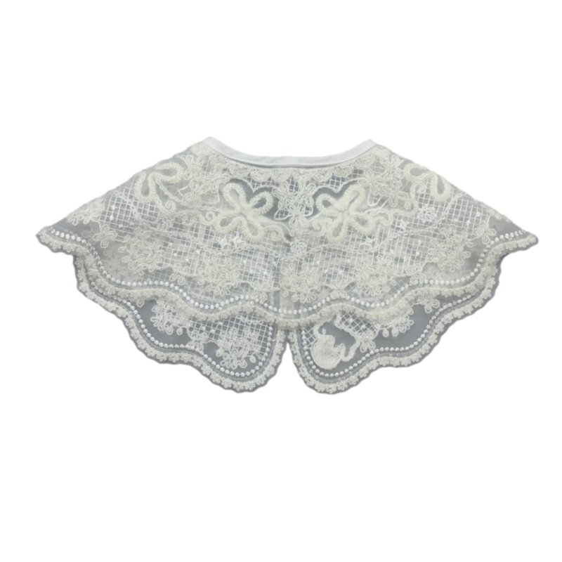 Women Embroiderd Floral Fake Collar Elegant Pearl Button Shawl Wrap Short Poncho DXAA