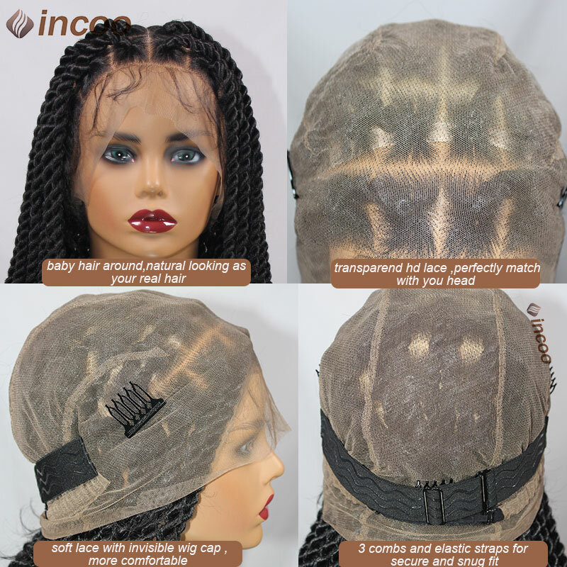 Incoo-كامل الدانتيل الجبهة الباروكات للنساء السود ، تويست السنغالية الضفائر ، عقدة ، شعر مستعار مضفر يدويا ، الاصطناعية ، مربع كبير ، 36"