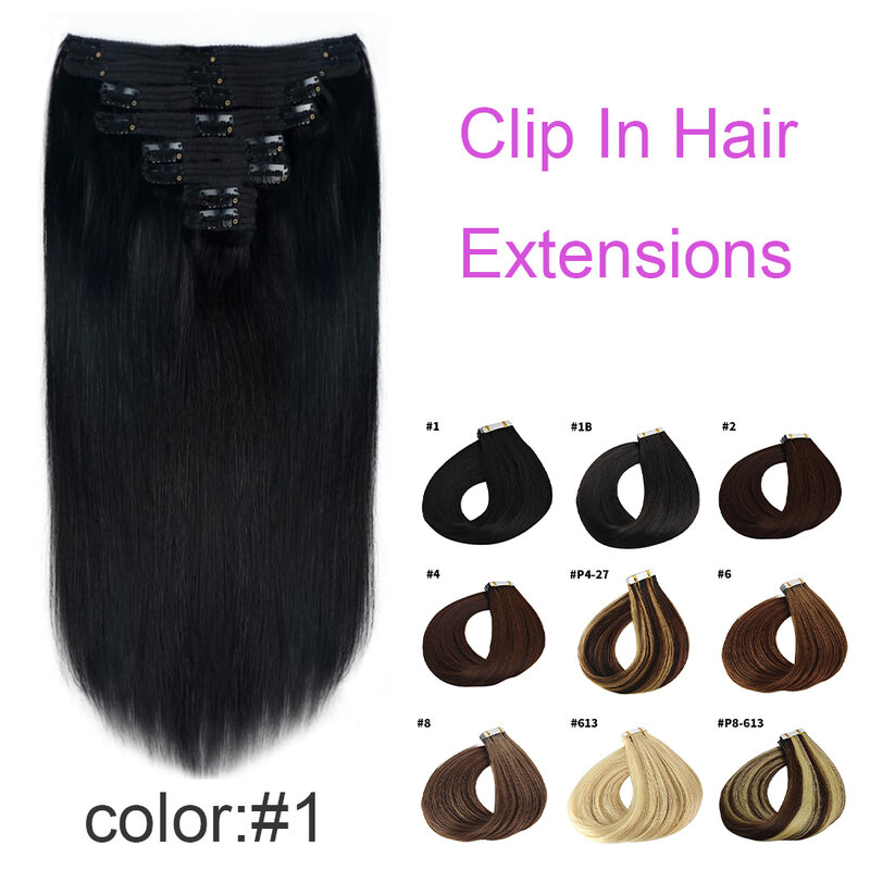 Extensiones de cabello humano brasileño Remy para mujer, extensiones de cabello con Clip recto, 18Clips, negro Natural, # 1B