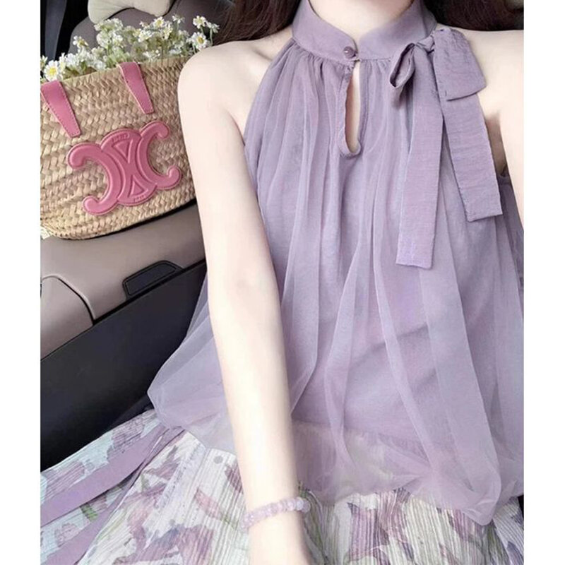 Gaun wanita musim panas baru 2024, baju kasa off-the-shoulder ungu elegan lembut dengan atasan leher bermotif manis