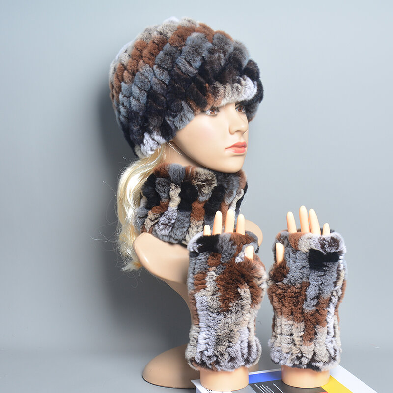 Inverno feminino qualidade real pele cachecol chapéu luva define real rex pele de coelho malha beanies chapéu de pele real cachecol rex pele de coelho mitten