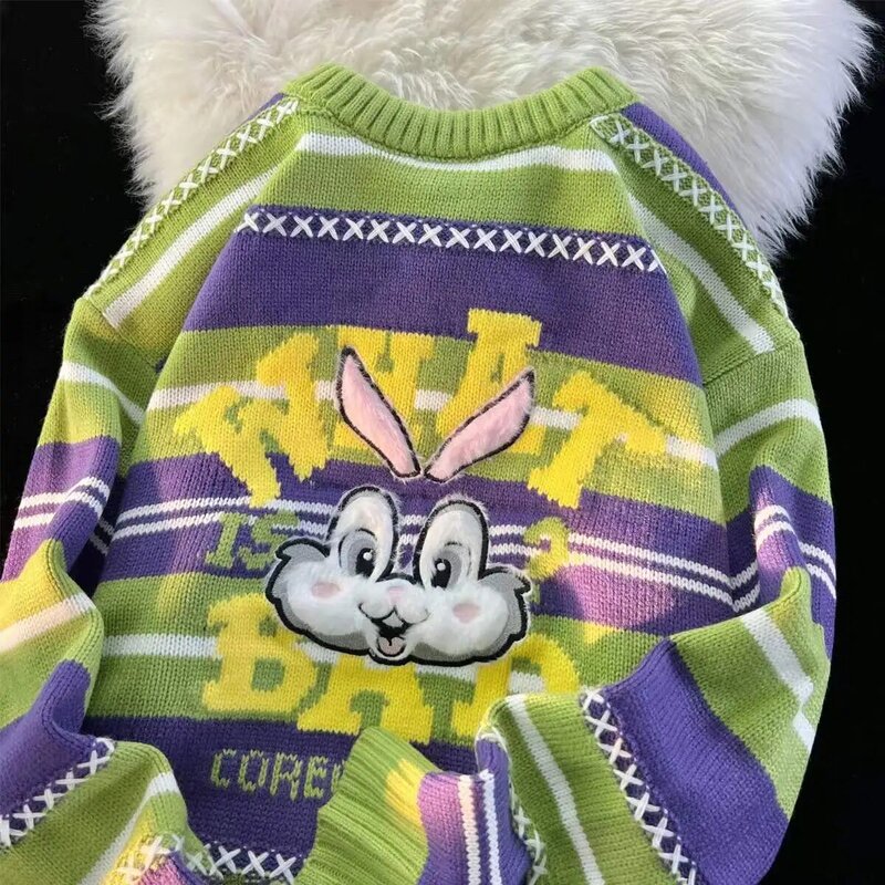 Nieuwe Zoete Koele Trui Bunny Gestreepte Knitt Oversized Trui Japanse Vrouwen Losse Lui Zachte Koppels Goth Y2k Mode Truien