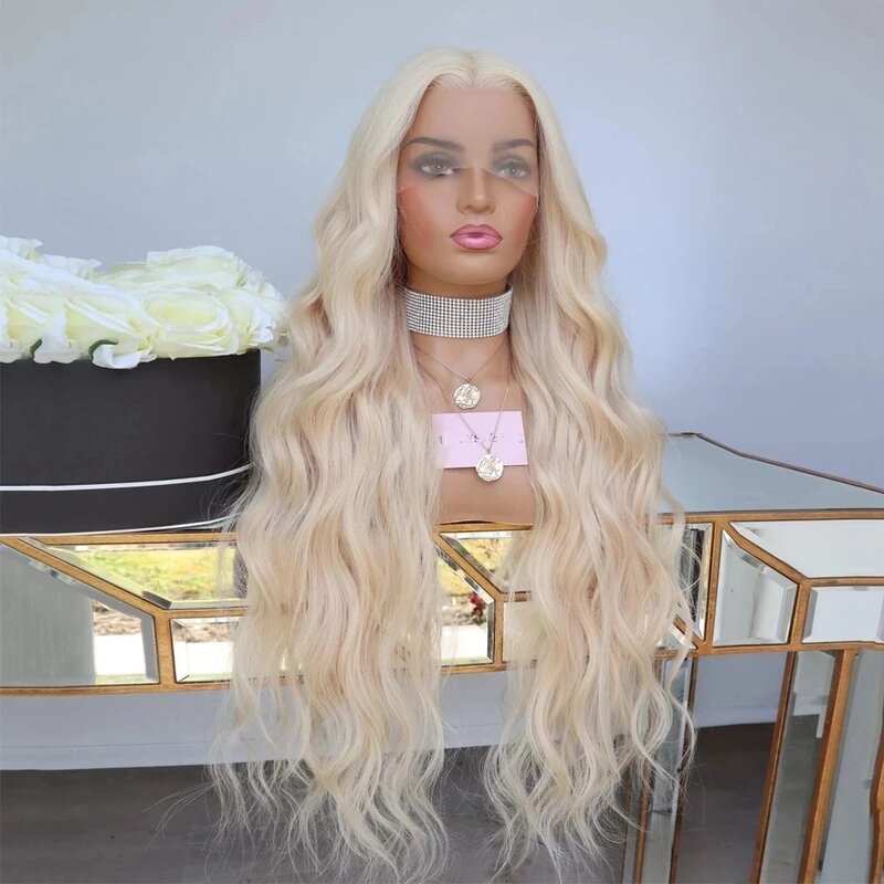Umy QUE-Perruque synthétique ondulée blonde sans colle pour femme, perruques frontales en dentelle, délié naturel, cosplay de fête, partie libre, longue