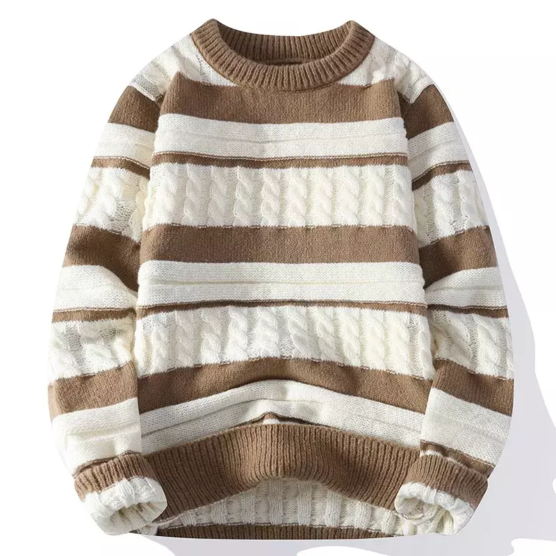 2024 Men's Autumn and Winter Thick Retro Striped Color Matching Crew Neck Pullover Sweater Teenagers Warm Leisure Sweater
