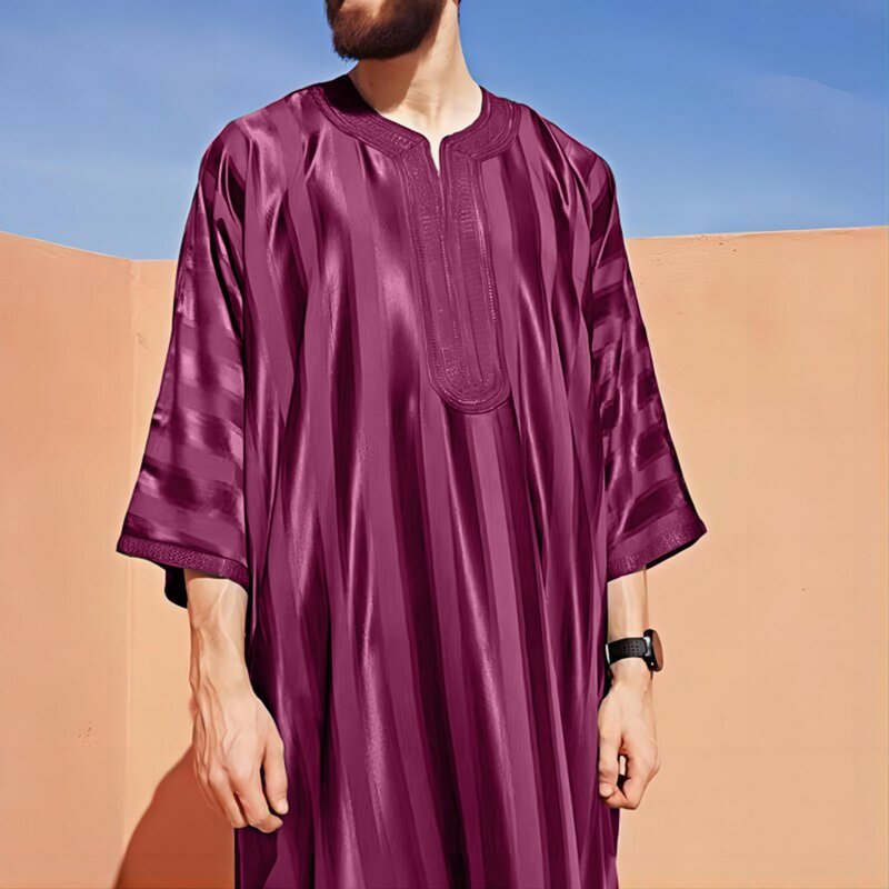 2024 New Men Arab Muslim Fashion Islamic Clothing  Moroccan Kaftan Eid Prayer Long Robes Embroidered Striped Printed Jubba Thobe
