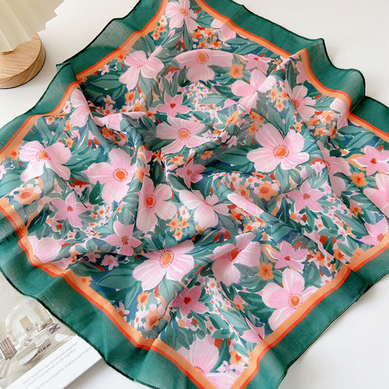 Lenço quadrado pequeno de algodão para mulheres, floral e floral, lenços de cabeça e pescoço, lenço de bolso macio, 55x55cm