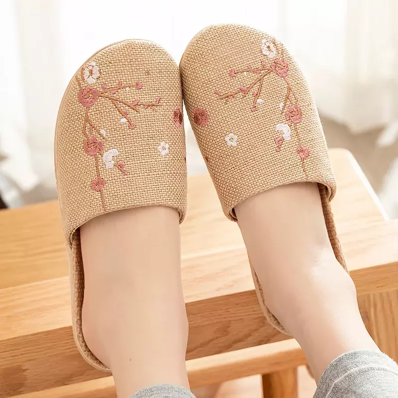 Sandal Linen Pasangan Pria Wanita, Kasut lantai bordir Anti Slip, bawahan lembut untuk penggunaan rumah dan katun musim panas