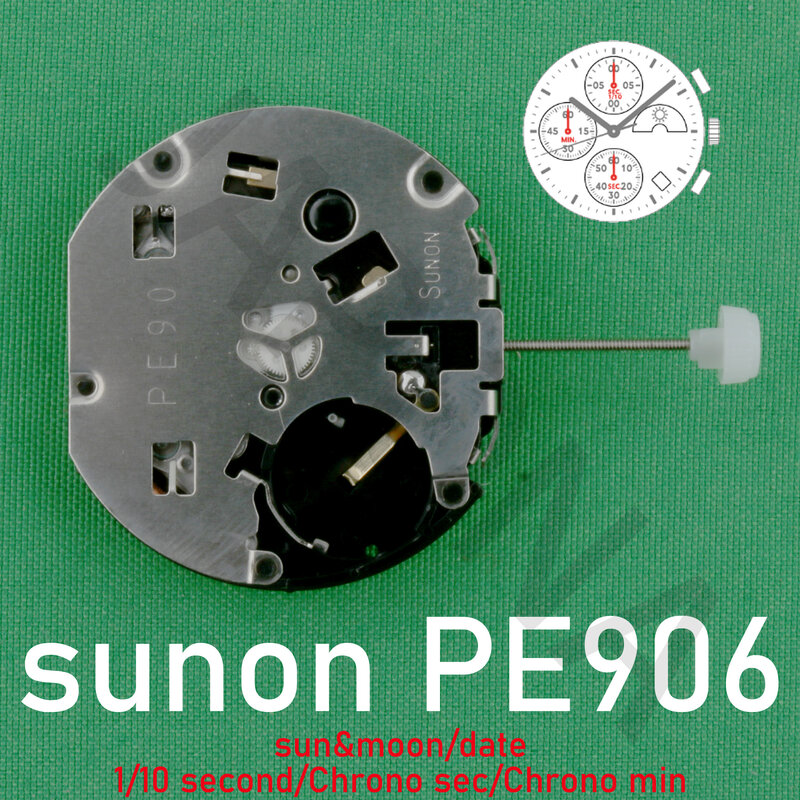 Sunon-PE906 Movimento de quartzo, PE90, três mãos com 4 olhos e data, pequeno cronógrafo, segundo minuto, sol e lua, 1/10 segundo