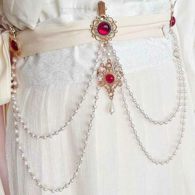Long Tassel Pearl Waist Chain Women Original Tang Dynasty Chinese Retro Hanfu Accessories Antique Pearl Long Tassel Waist Chain