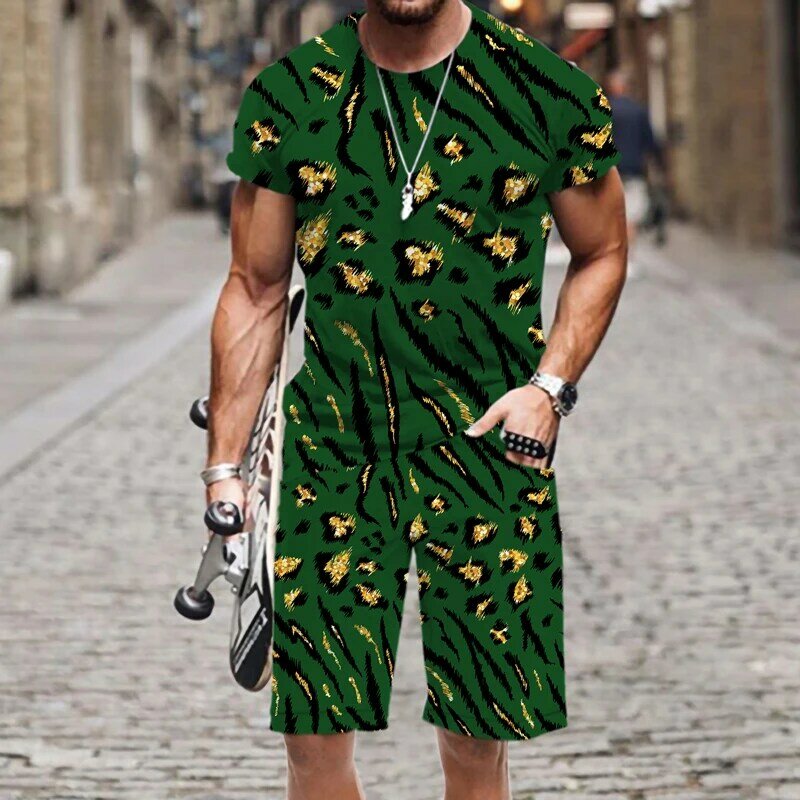 Männer T-shirt Shorts Set Lustige Leopard Print Lässige O Hals Kurzarm Mode 3D Gedruckt Sportswear Street Tops tees