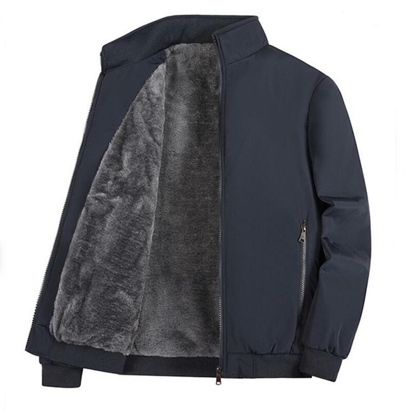 Jaket kardigan, mantel hangat dengan kerah mewah bersaku ritsleting elastis untuk pakaian luar musim dingin pria