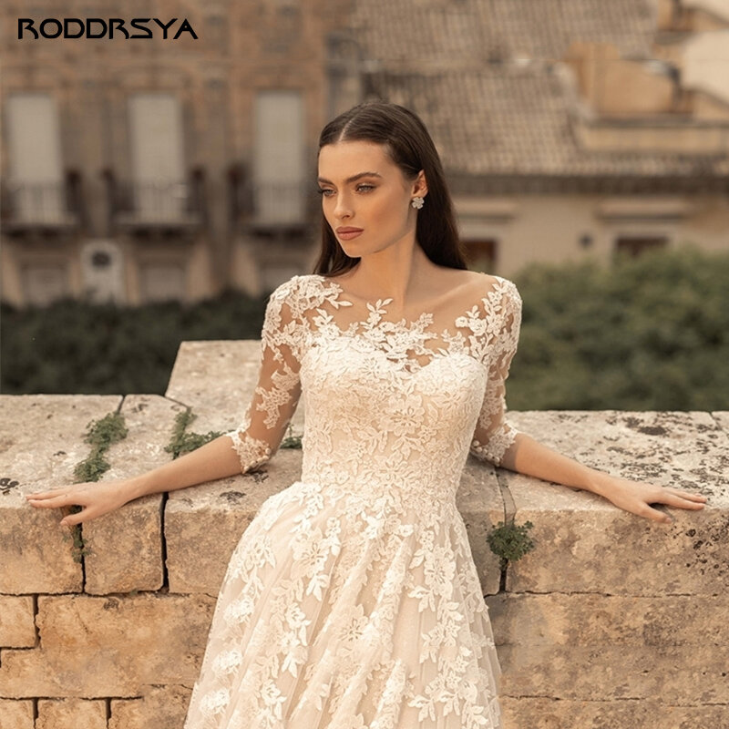 RODDRSYA suknia ślubna w stylu Vintage z wycięciem 3/4 koronkowe rękawy suknie panny młodej tiulowe aplikacje Sweep Train Boho vestidos de novia 2023