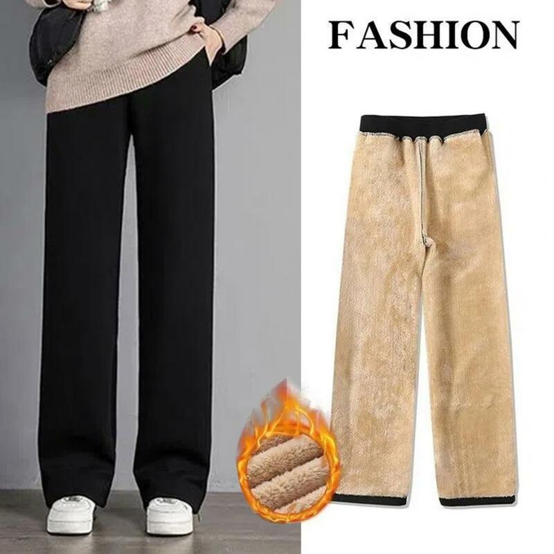 Calça forrado de lã feminina, cintura alta elástica, calças de perna larga, aconchegante, visual elegante, solto, monocromático, casual, inverno