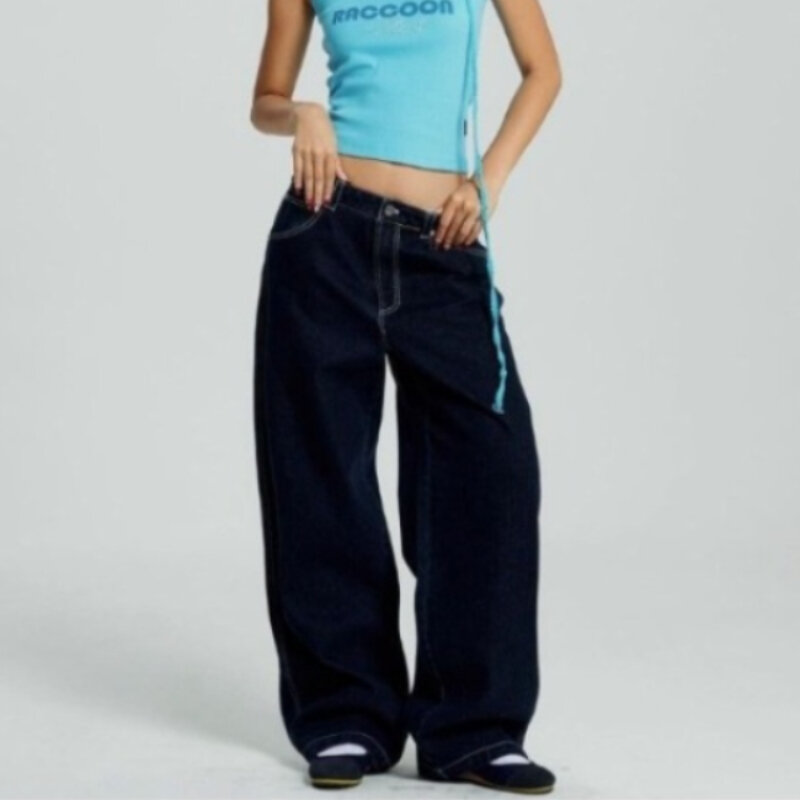 Deeptown Vintage Baggy Y 2K Jeans Lente 2024 Vrouwen Oversized Denim Broek Streetwear Wijde Pijpen Zakken Borduurbroek Korea
