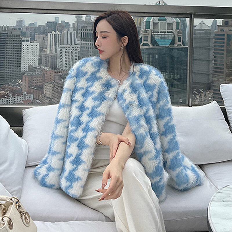 2023 Autumn Winter Faux Fur Coat For Women Blue White Houndstooth Faux Fox Fur Jacket O-neck Long Sleeve Furry Outwear