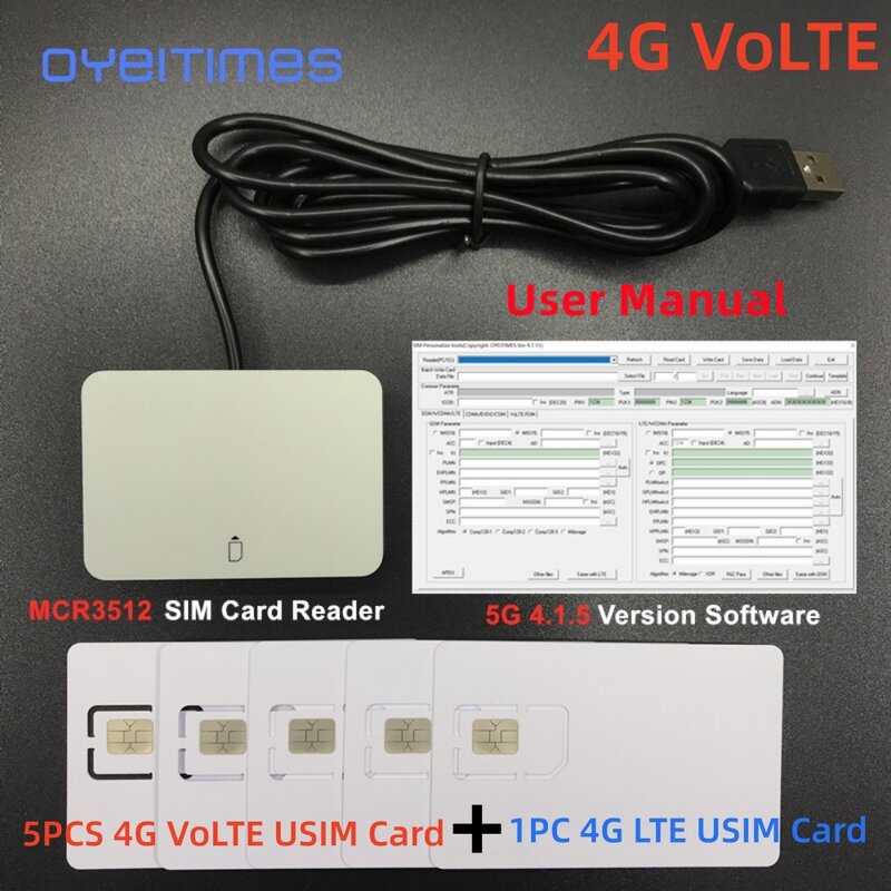 OYEITIMES 4G LTE SIM 카드 리더 라이터 프로그래머, 128k 4G VoLTE 빈 ISIM 카드, SIM 카드 소프트웨어 1 개, 2G3G4G5G 4.1.5 버전, 5 개