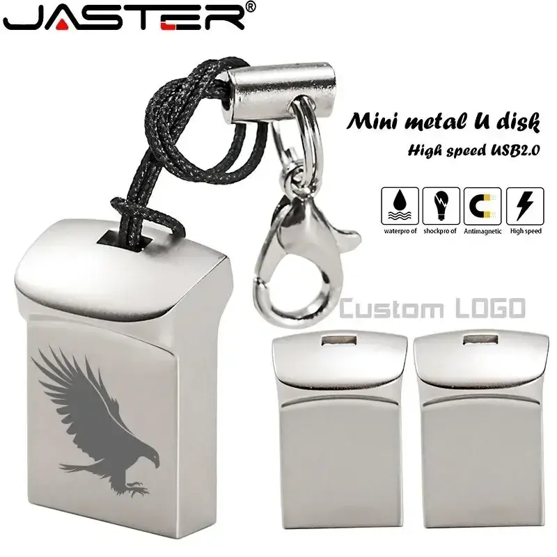 JASTER 미니 메탈 USB 2.0 플래시 드라이브, 실버 비즈니스 선물, 메모리 스틱 펜 드라이브, 방수 저장 장치, 32GB, 64GB U 디스크