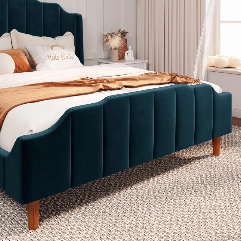 Vertical Headboard and Footboard, Solid Wood Leg and Strong Slats Support, No Box Spring Needed, Easy Assembly, Blue
