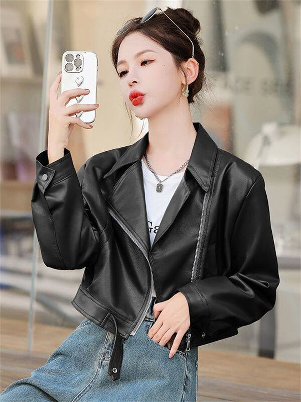 Autumn And Winter New Fashion Solid Color Zipper Female Short Motorcycle Loose Leisure Plus Velvet Padded Pu Leather Jacket Coat