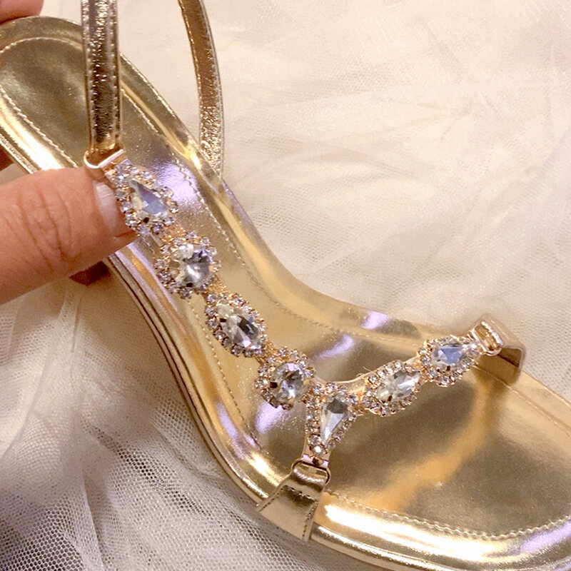 2024 blingling Rhinestone złote sandały damskie letnie buty wysokie szpilki damskie eleganckie pasek z tyłu sandały na wybiegu
