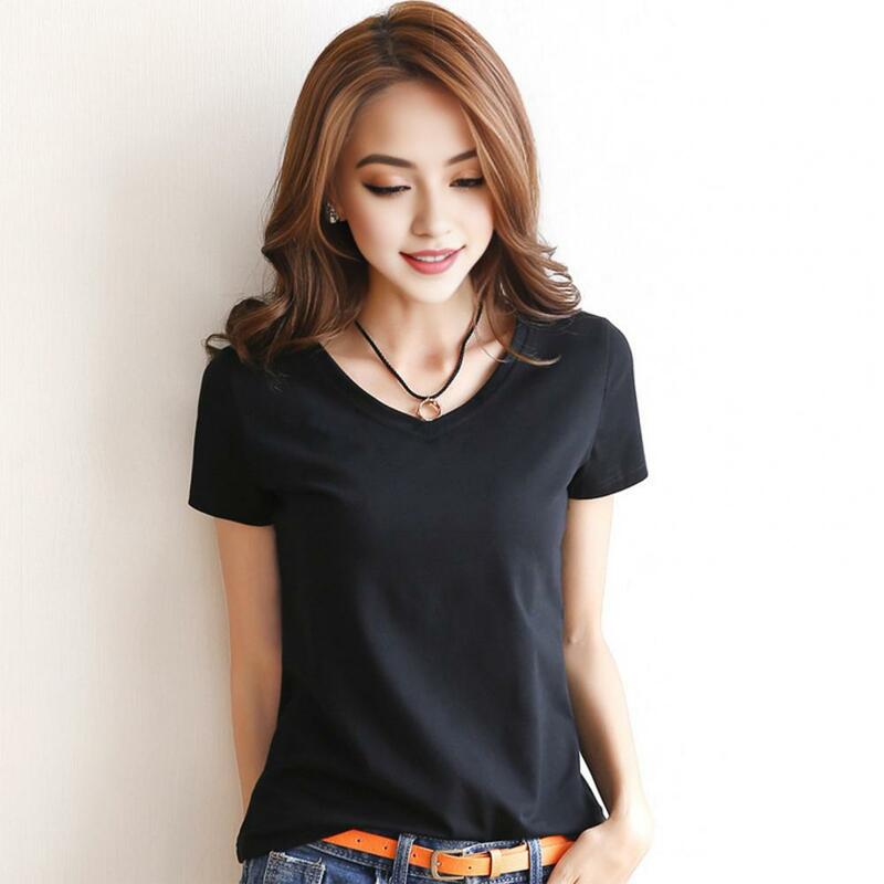 Women T-shirt V-neck Short Sleeve Slim Fit T-shirt Solid Color Pullover Tops Stretchy Bottoming Shirt Women Blouse Streetwear