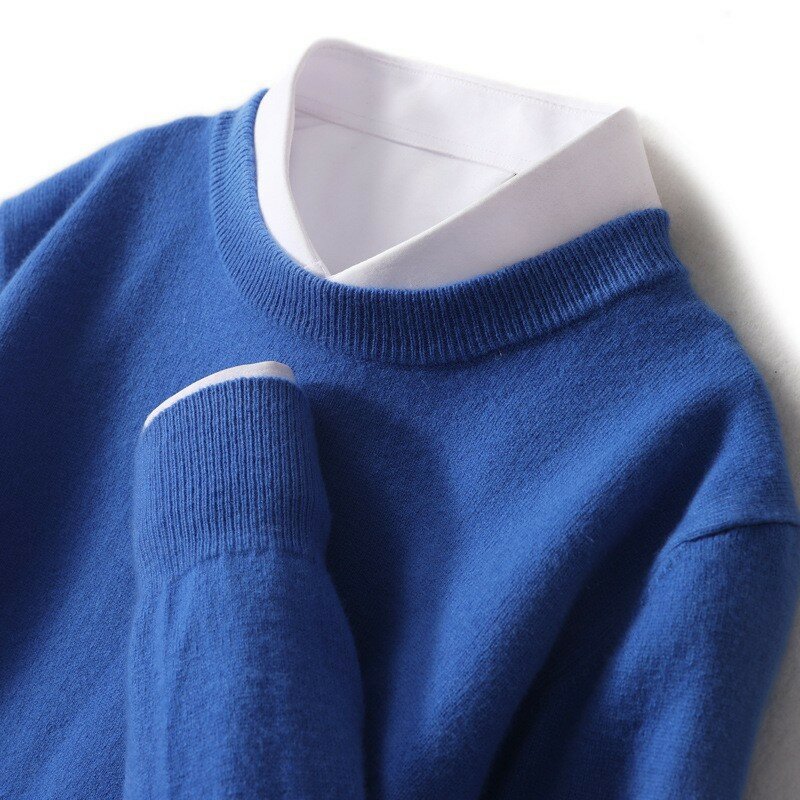 Suéteres de malha de manga comprida masculino, 100% algodão, suéteres com decote em O, tops slim fit, roupas clássicas, casual, primavera, outono