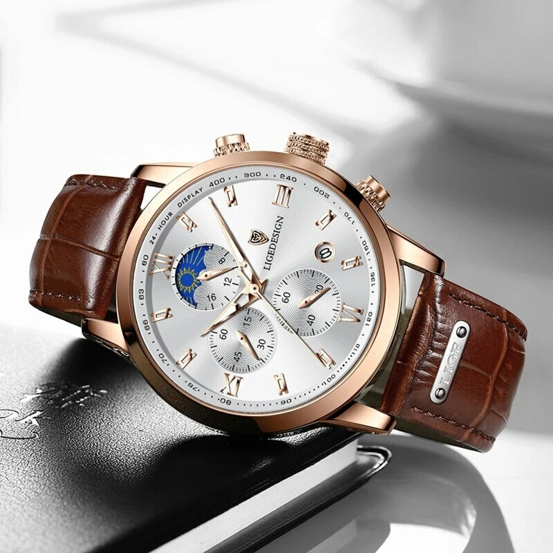 LIGE-Montre-bracelet de sport en cuir étanche pour homme, montre-bracelet à quartz décontractée, chronographe militaire, luxe