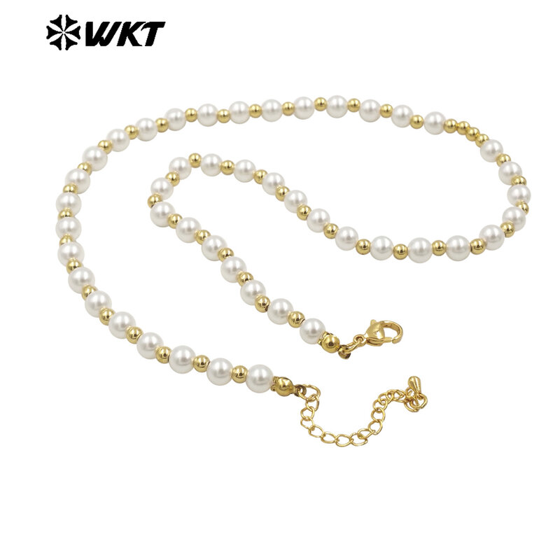 WT-JFN21 WKT 18 Inch Long 6mm Artificial Shell Pearl Space Beads Hand strand Necklace In Real Gold Plated 10PCS