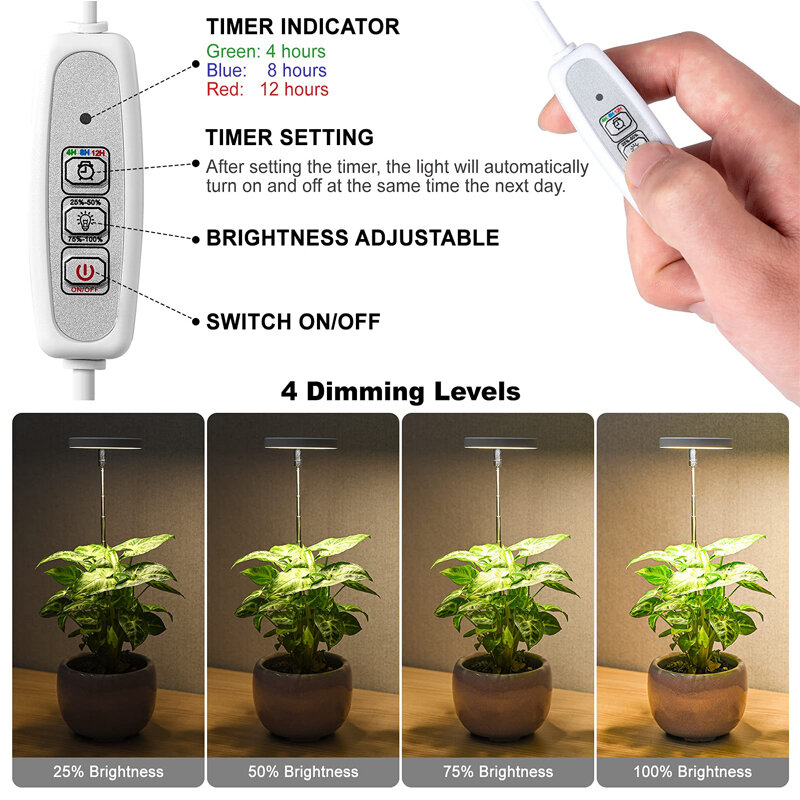 LED Grow Light Full Spectrum Plant Growth Light USB 5V Height Adjustable Dimmable Growing Lamp with Timer for Indoor Plants Herb