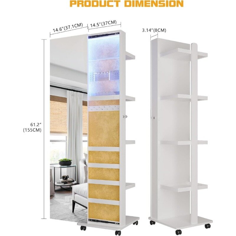 360° Rotating LED Jewelry Armoire,Side Pull Full Length Mirror,3 Color Dimmable Jewelry Organizer Armoire with 4 Rollers