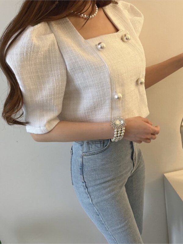 เสื้อโค้ทแขนสั้นพองสำหรับผู้หญิงเสื้อครอปทรงหลวมคอเหลี่ยมแฟชั่นสไตล์เกาหลีสำหรับฤดูร้อน