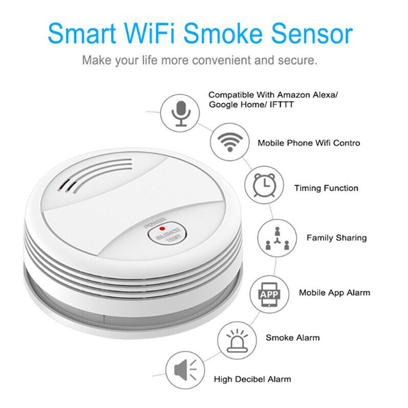 Smart WiFi Smoke Sensor Remote Control Tuya Intelligent Fire Alarm Detector High Decibel Power Warning