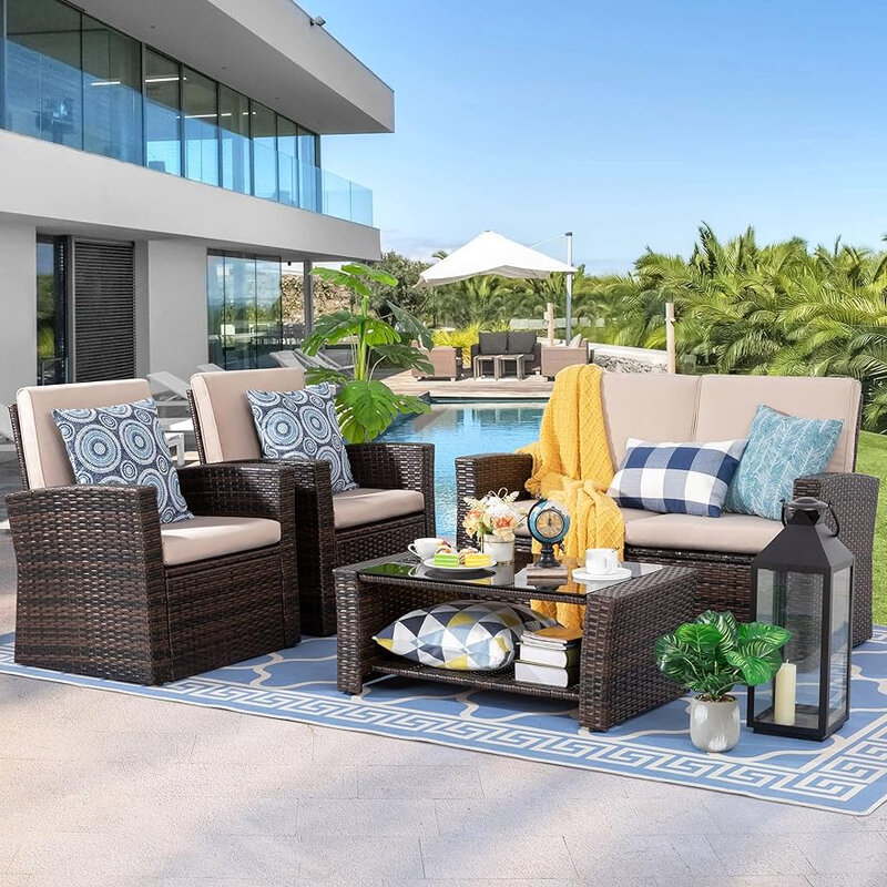 Shintenchi Outdoor Patio Furniture 4 Piece Set, Wicker Rattan Sectional Sofa Couch with Glass Coffee Table | Brown