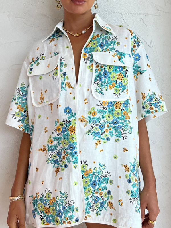 여성용 프린트 투피스 반팔 셔츠 세트, 턴다운 칼라 상의 반바지, 여성용 여름 휴가 해변 의상, 캐주얼 세트 2024