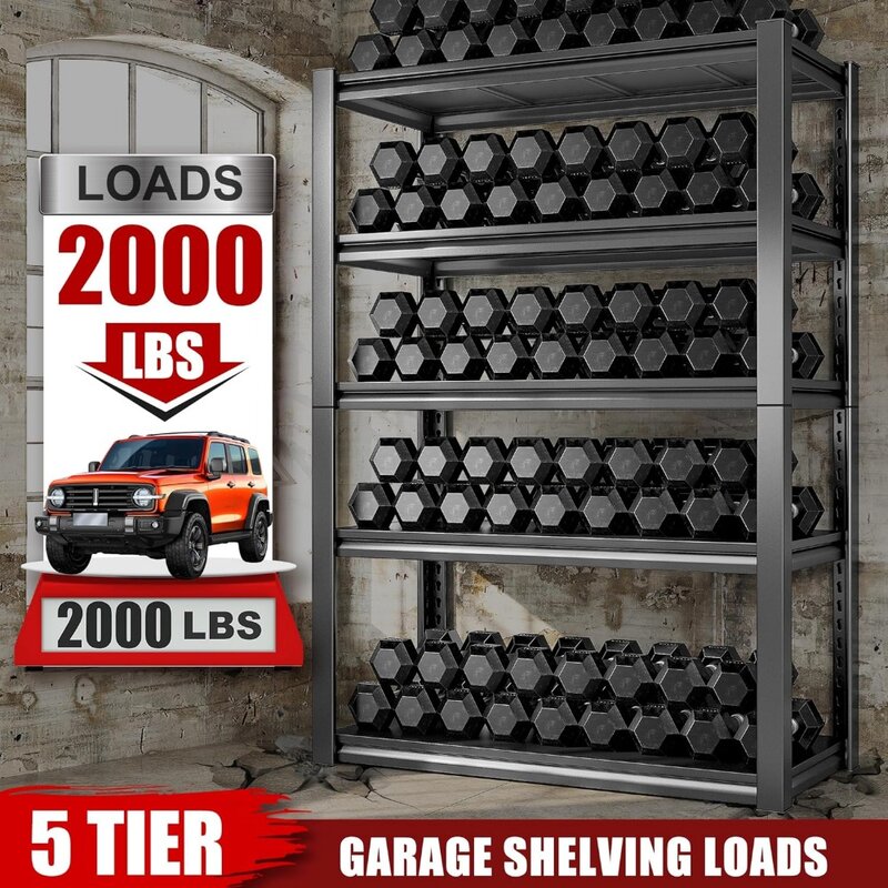 Raybee-Estantería de garaje de alta resistencia, estantes de almacenamiento de Metal ajustables, carga de 2000 libras, 5 niveles, 72 ", h