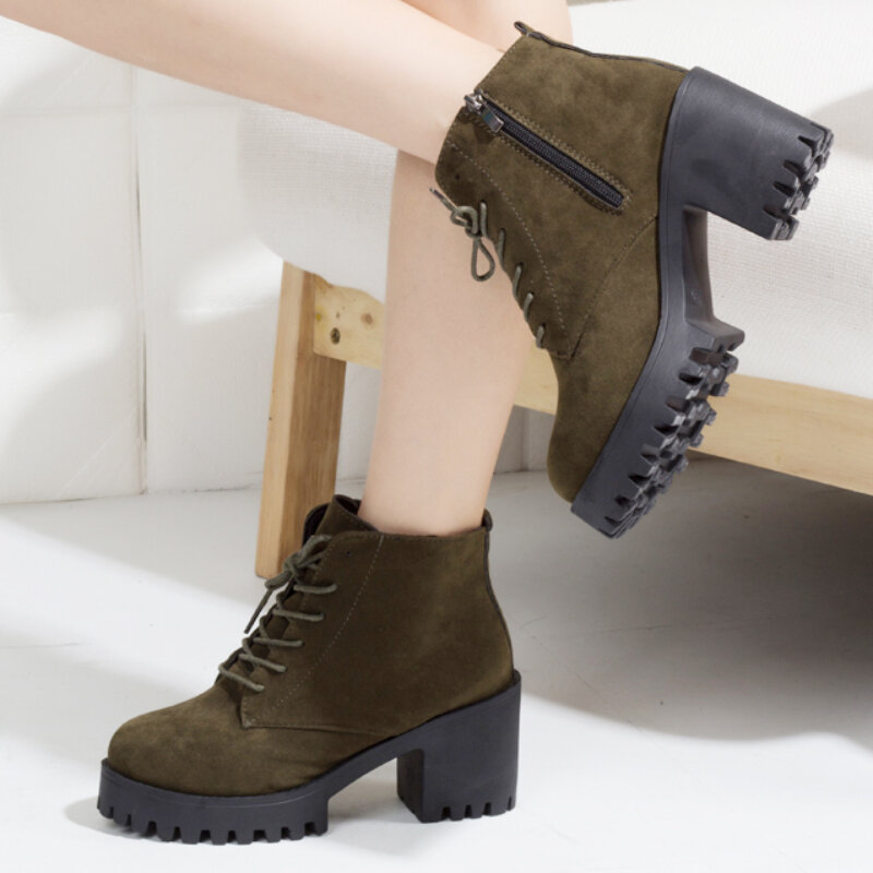 Botas de tornozelo plataforma robusto para mulheres, rebanho, sapatos de salto alto, renda para cima, camurça, casual, curto, vintage, outono, novo