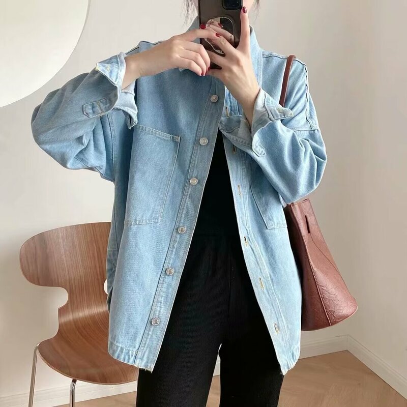 Women's new fashionable large pocket decoration loose casual denim shirt retro long sleeved button up women's shirt chic top
