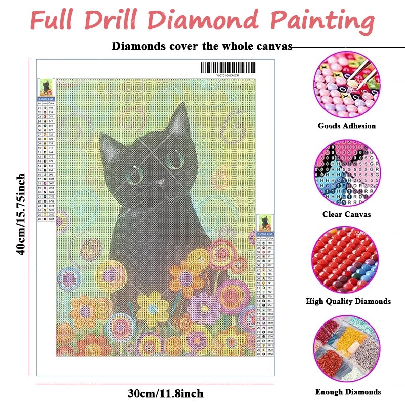 Desenhos animados gatos e flores Diamond Painting, 5D, gatos, jogar, desenho, DIY, desenhos animados, arte infantil, novo