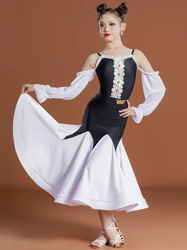 Vestido de dança latina infantil, tops de manga comprida e saia, tango de salão, Cha Cha e Rumba, feminino e feminino