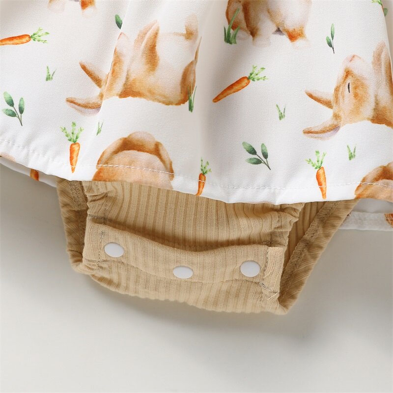 Gaun baju monyet bayi perempuan 0-18 bulan, pakaian lengan Fly Neck motif kelinci dengan pita kupu-kupu Set bandana musim panas