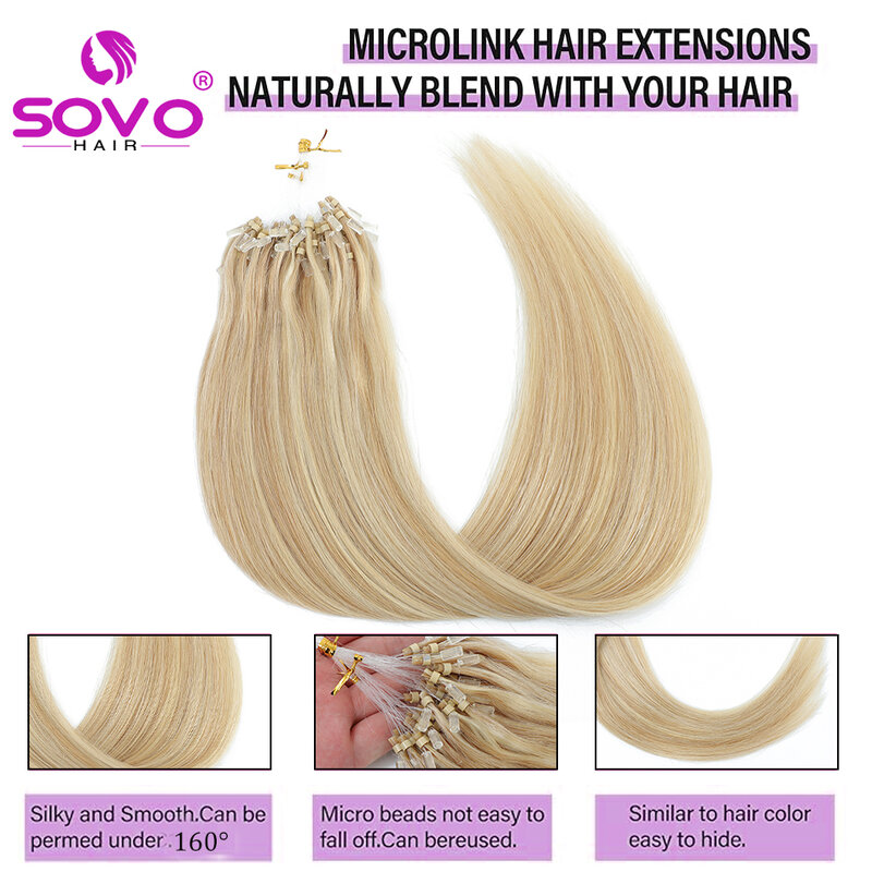 Micro Loop-extensiones de cabello humano liso, microanillos de cuentas, resaltado de cabello europeo, Balayage Rubio, 100 hebras