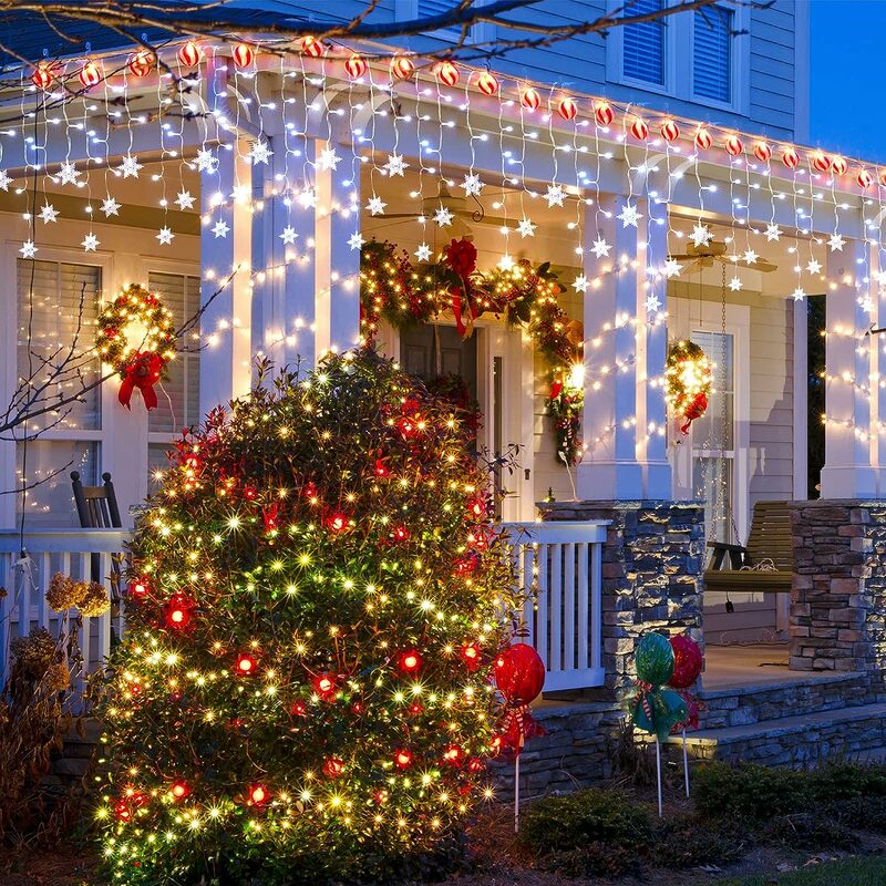 Christmas Decoration 2023 Street Garlands on The House Festoon LED Icicle Lights Outdoor Waterproof Curtain Fairy String Light