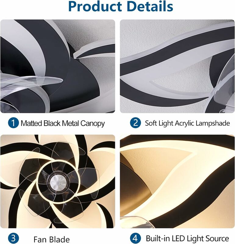 Decken ventilator mit Licht Fernbedienung, 24 "schwarz, 6 Geschwindigkeiten 3 helle Farbe Low Profile Unterputz Decken ventilator für Küchen zimmer