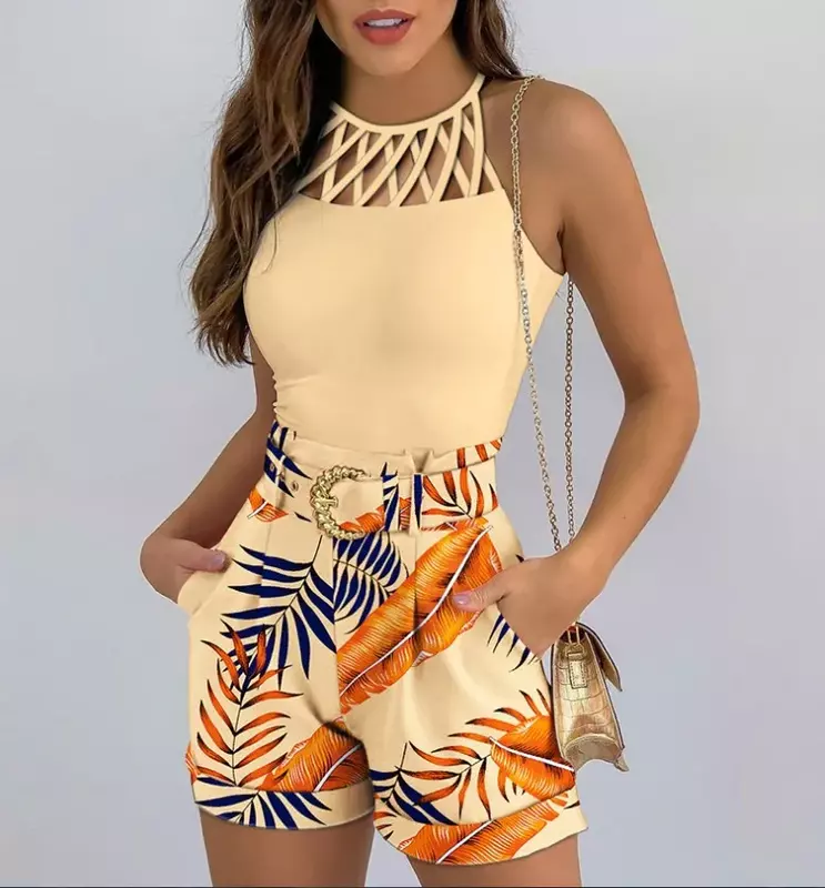 Sexy Off Shoulder Sleeveless Tshirt Shorts Office Lady Hollow Out Solid Tops Floral Print Shorts Two Piece Set Women Outfit 2024