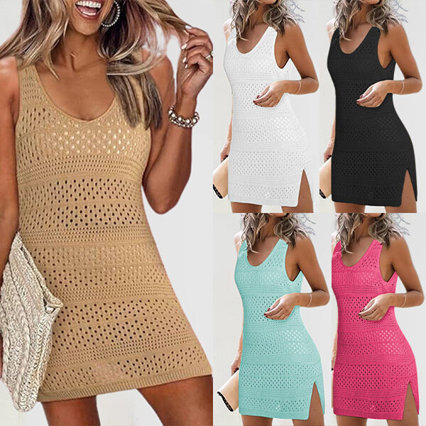 High Quality 2024 Summer New Hot Selling Solid Color Hollow Sexy Knitted Dress Boho Vestido Bodycon Dress Elegantes Streetwear