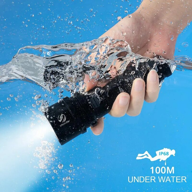 Torcia subacquea ad alta potenza IP68 più alta valutazione impermeabile luce subacquea professionale alimentata da batteria 18650 con corda a mano