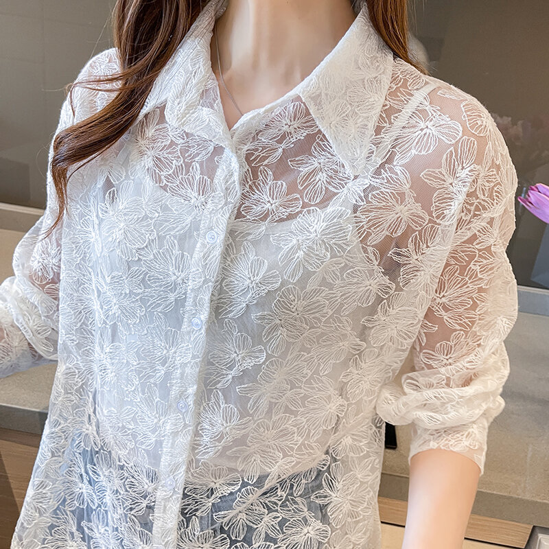 QOERLIN-camisas blancas ahuecadas con encaje bordado para mujer, Tops de un solo pecho con botones, blusa para vacaciones, 2024